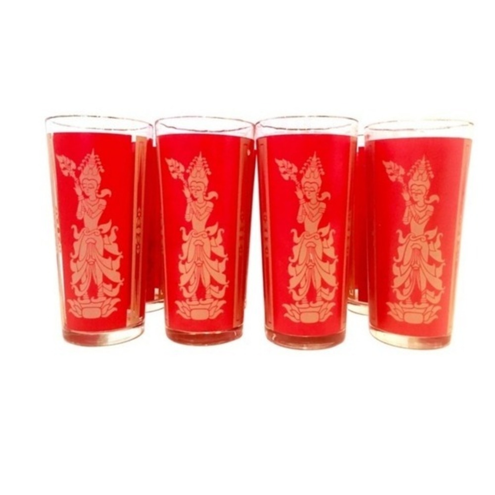 Hollywood‎ Regency MCM Red and Gold Thai Goddess Large Heavy Hi Ball Tumblers
